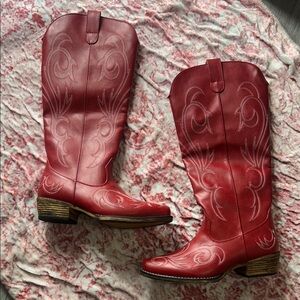 Women’s Red Cowboy Boots Pink Stitching Western Mid Calf Boots Festival